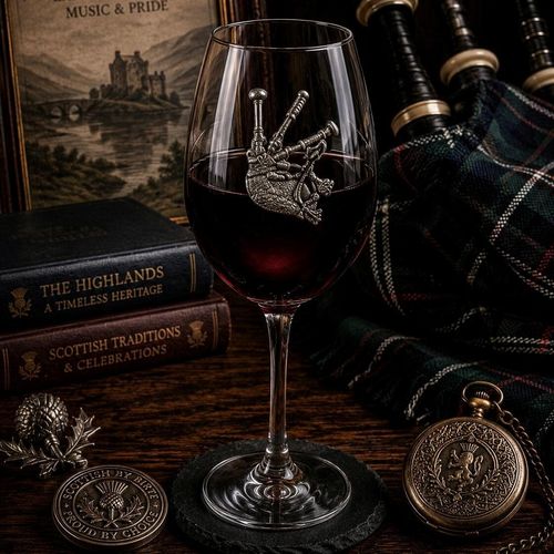Wine glass with handcrafted pewter Bagpipes badge filled with red wine