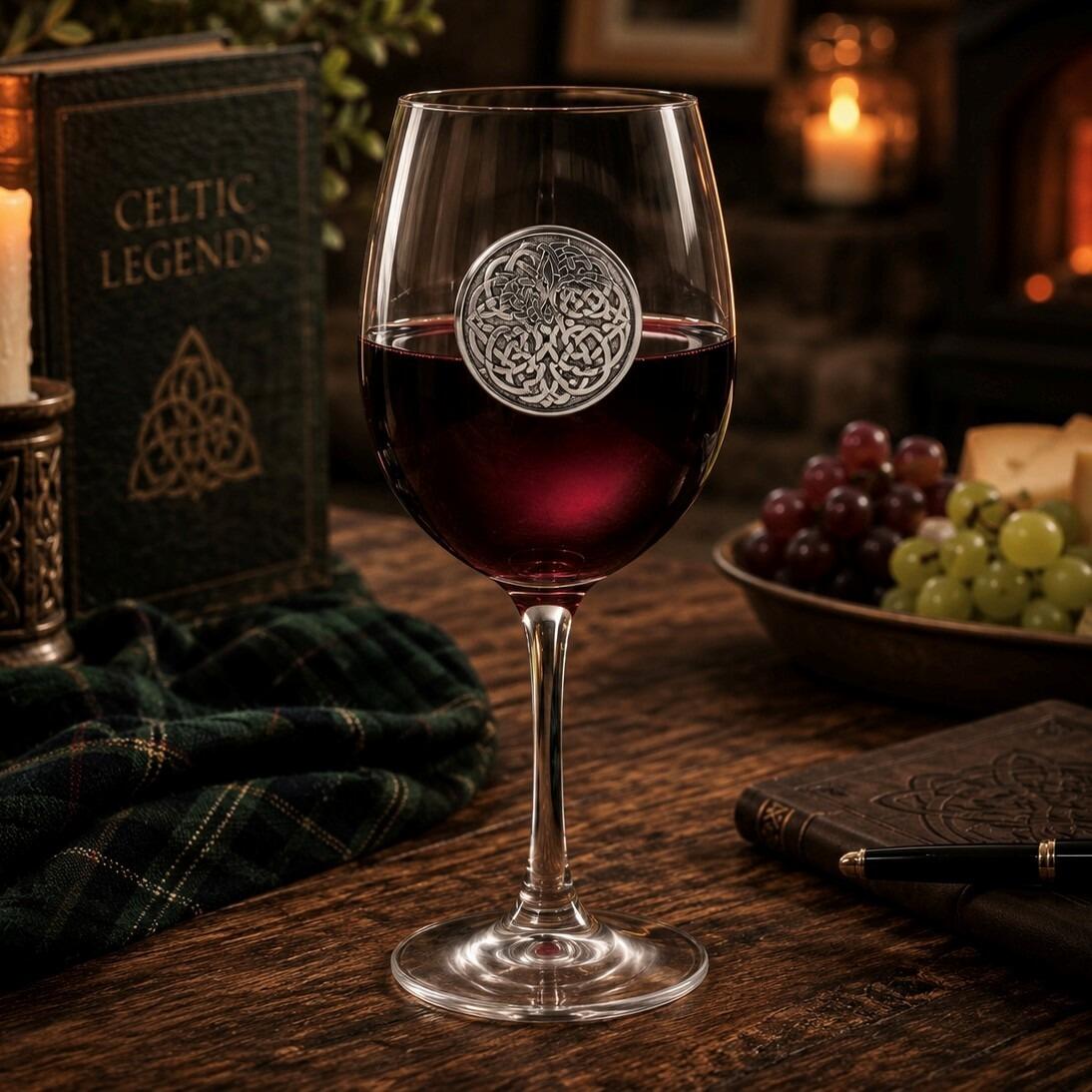 Wine glass with handmade pewter Celtic never ending knot badge filled with red wine