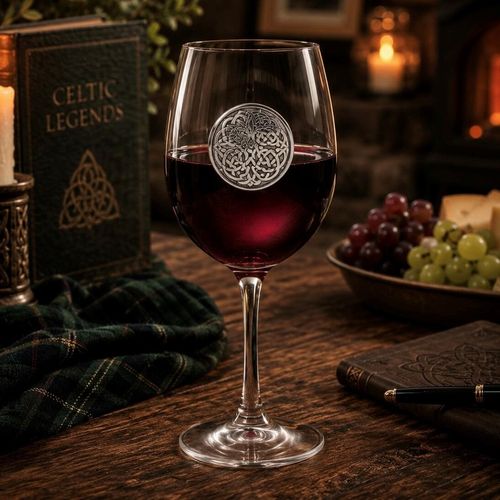 Wine glass with handmade pewter Celtic never ending knot badge filled with red wine