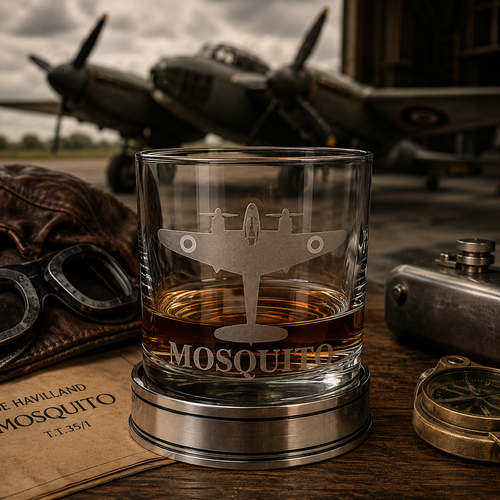 De Havilland Mosquito Engraved Whisky Tumbler part filled with whisky, an aeroplane sits in the background
