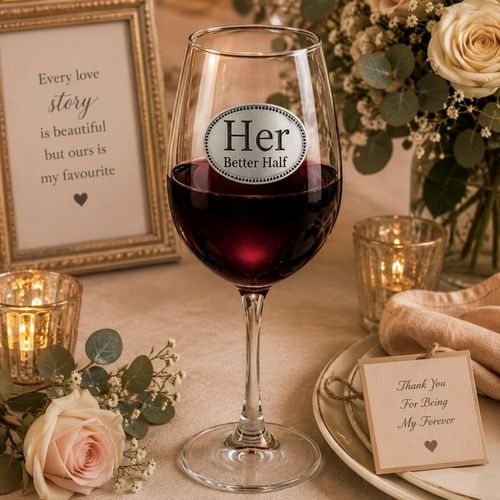 Wine glass with handcrafted pewter Her Better Half badge filled with red wine