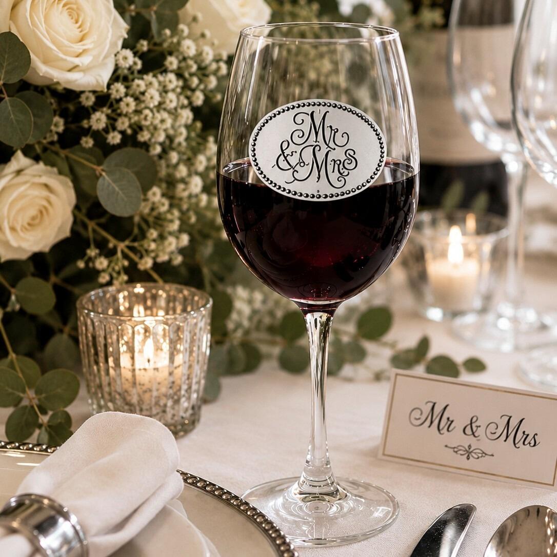 Wine glass with handcrafted pewter Mr and Mrs badge filled with red wine