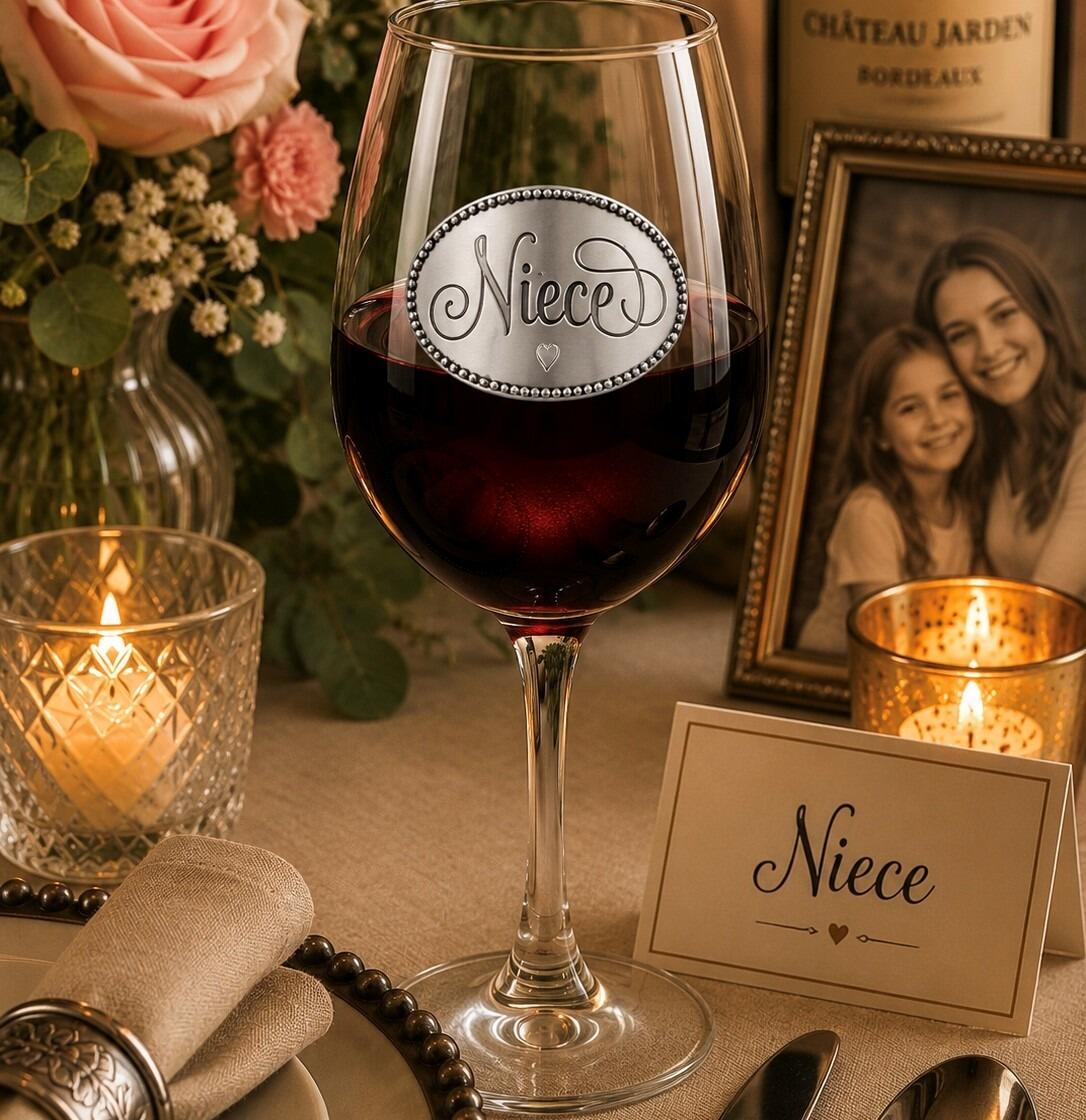 Wine glass with handmade pewter niece badge filled with red wine