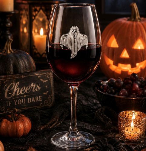 Wine glass with handmade pewter ghost badge filled with red wine