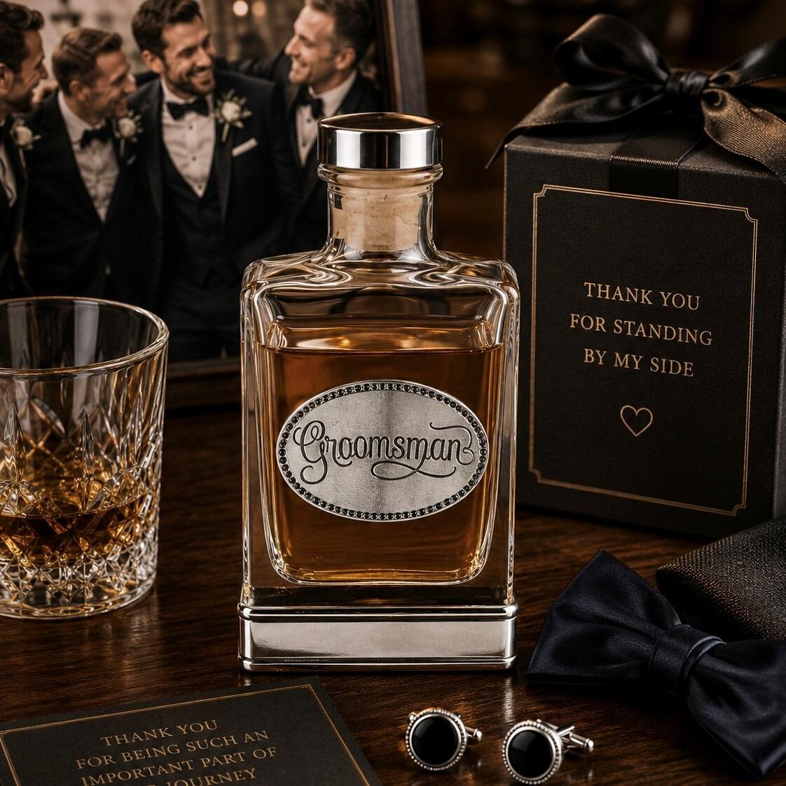 Glass liquor flask with a pewter oval plaque engraved with 'Groomsman', styled alongside a tumbler of whiskey, cufflinks, a bowtie, and a groomsman gift box