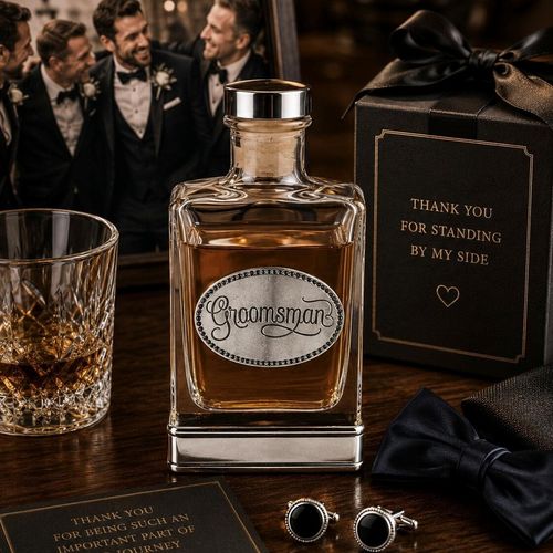 Glass liquor flask with a pewter oval plaque engraved with 'Groomsman', styled alongside a tumbler of whiskey, cufflinks, a bowtie, and a groomsman gift box