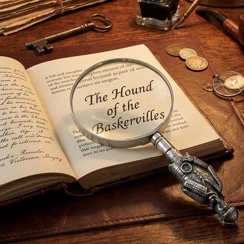 Pewter magnifying glass with a sculpted Sherlock Holmes handle, magnifying the text 'The Hound of the Baskervilles' in an open book on a vintage leather desk with a key, pipe, and spectacles