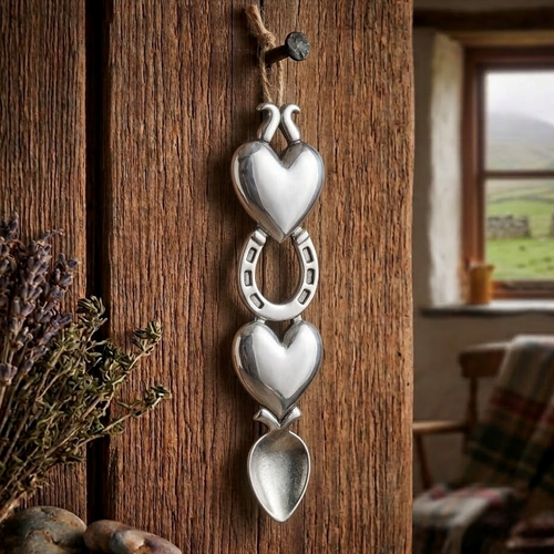 Handcrafted pewter Welsh lovespoon hanging from a twine loop on a rustic wooden beam, featuring two smooth solid hearts sandwiching a central lucky horseshoe above a spoon bowl.