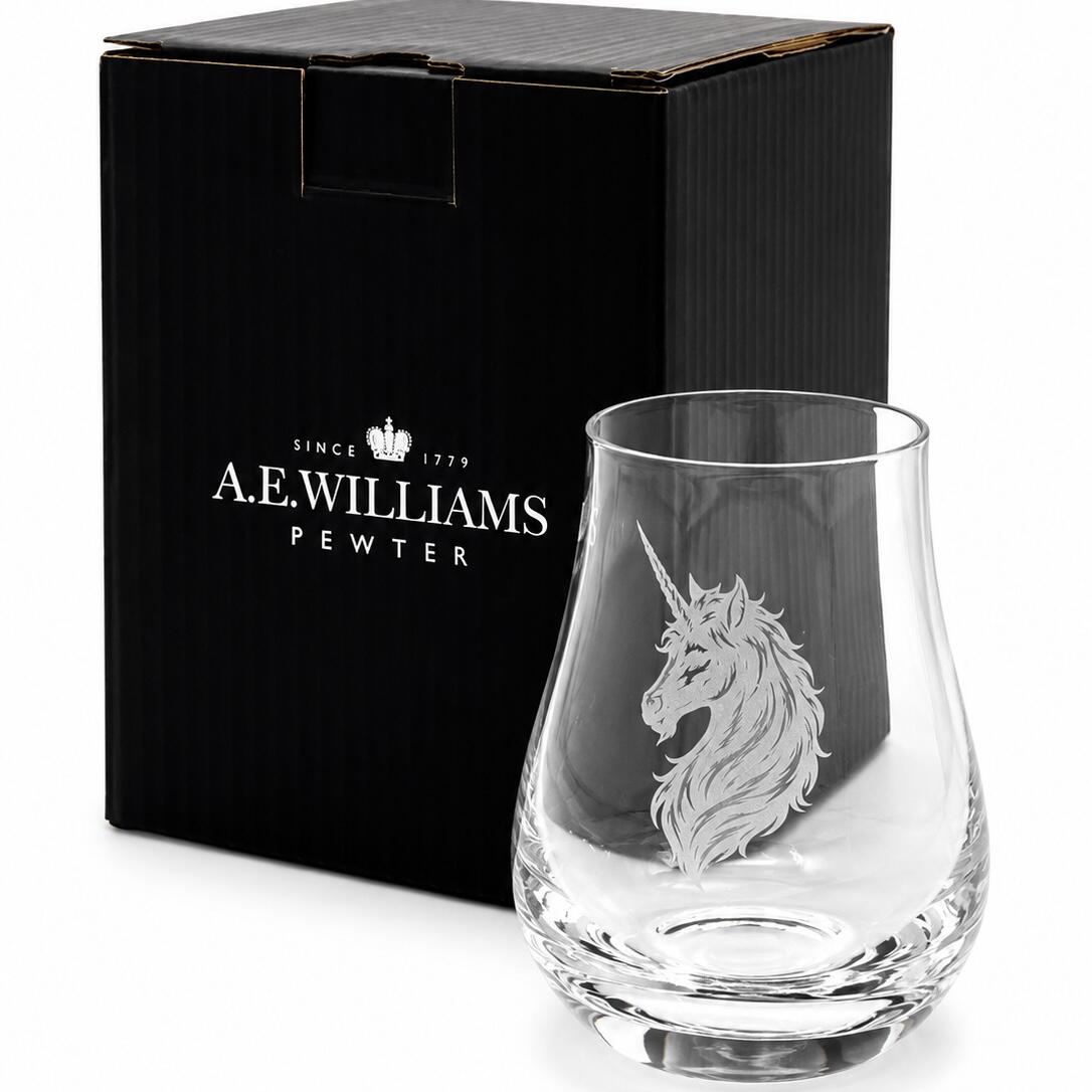 Unicorn engraved whisky tasting glass presented beside an A E Williams gift box