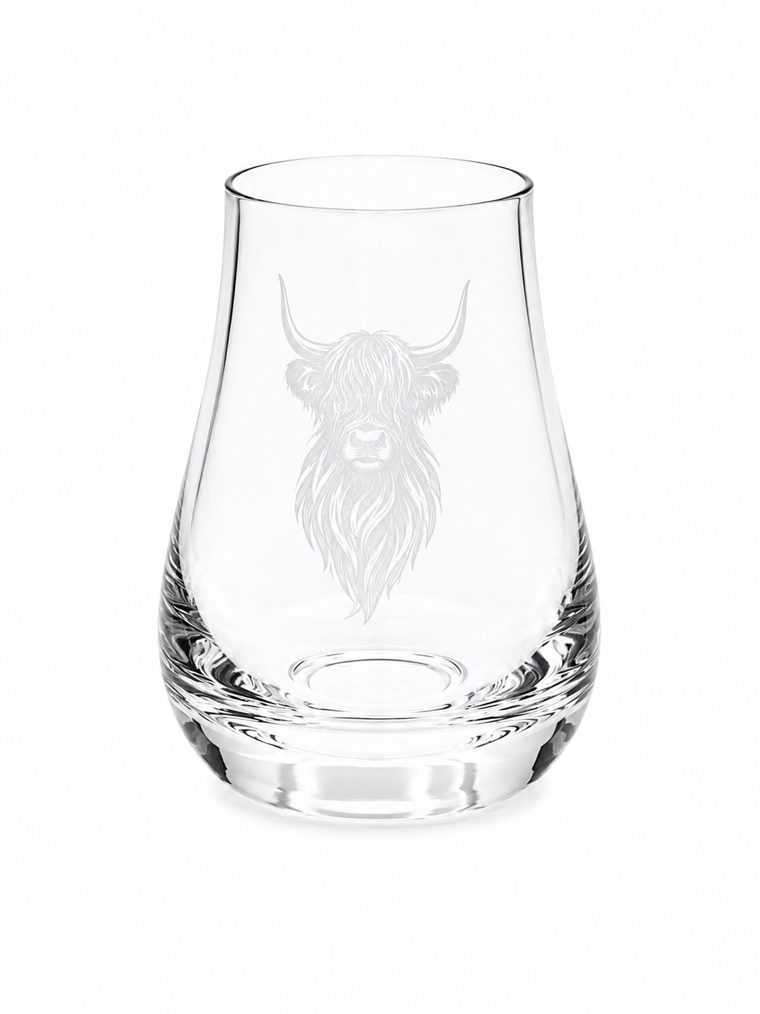 Clear tulip-shaped whisky tasting glass with detailed engraved Highland cow design