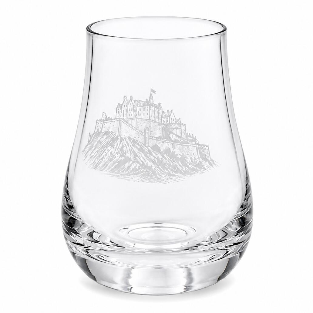 Clear tulip-shaped whisky tasting glass with detailed engraved Edinburgh Castle design