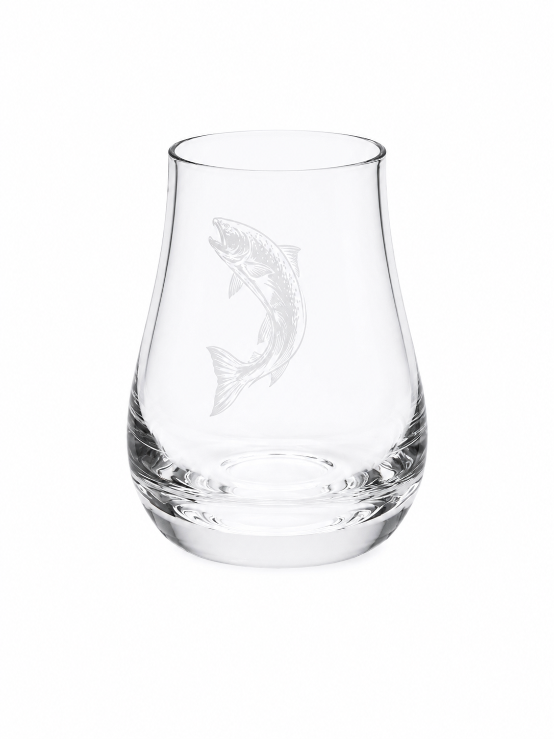 Leaping Salmon engraved whisky tasting glass on a white background