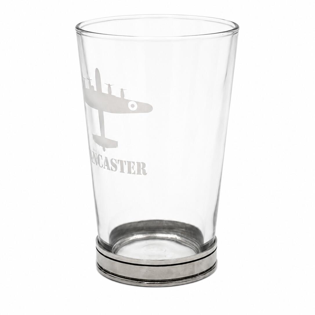 Lancaster Bomber personalised pint beer glass with pewter base angled side view