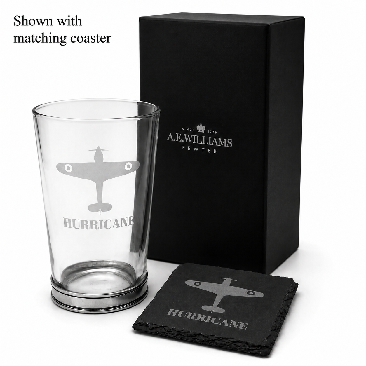 Hurricane Fighter beer glass gift set shown with optional matching slate coaster