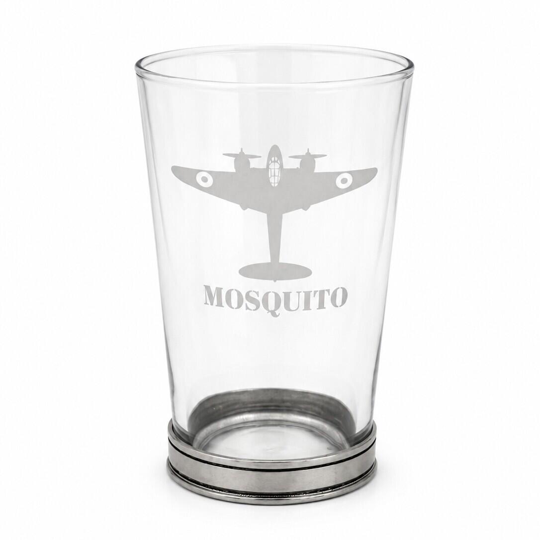 De Havilland Mosquito engraved UK pint glass front view with handmade pewter base
