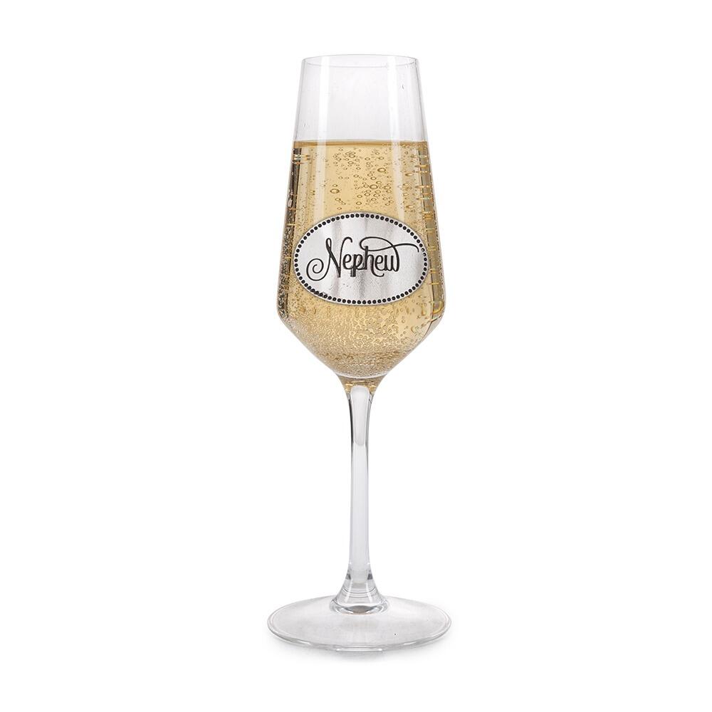 A Champagne Flute with a Pewter Nephew badge on the front, filled with Champagne