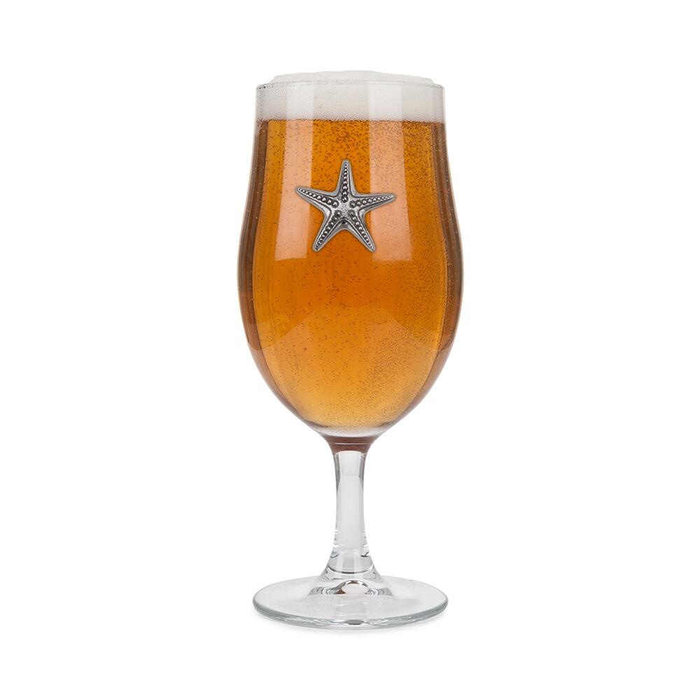 A Stemmed Pint Beer Glass with a Pewter Star Fish badge on the front, filled with Beer