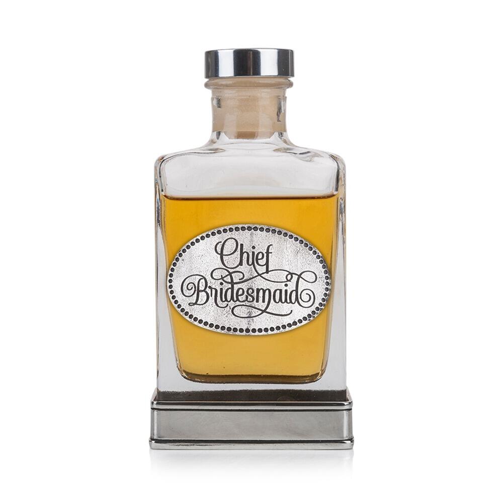 Handcrafted glass hip flask with pewter base featuring detailed chief bridesmaid emblem on front
