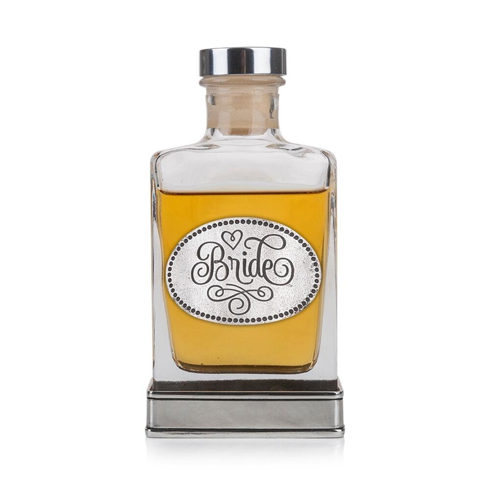 Handcrafted glass hip flask with pewter base featuring detailed bride emblem on front