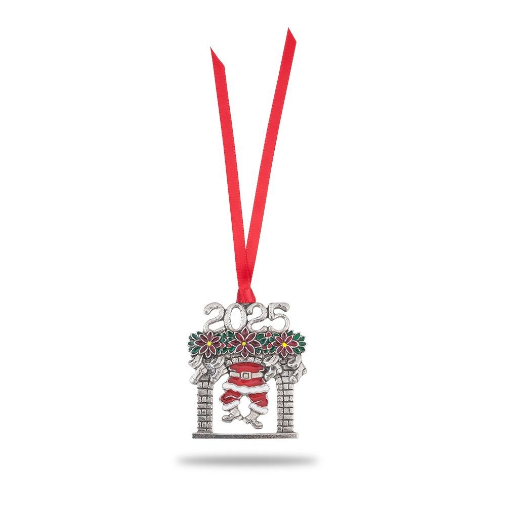 Limited edition hand-enamelled pewter Christmas bauble showing Santa descending chimney with 2025 garland hanging on tree