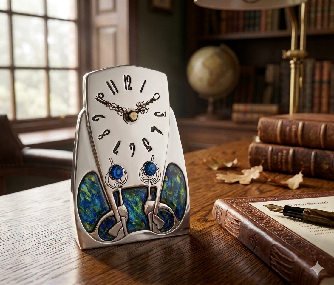 An Arts and Crafts style pewter mantel clock designed by Archibald Knox, featuring a tapered, shield-like silhouette with a gentle arch at the top. The off-white clock face is integrated into the smooth metal, displaying stylized black numerals and ornate hands, while the base is decorated with two bright blue cabochon gems on delicate stems over vibrant blue and green enamelled inserts.