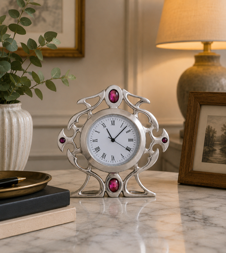 An ornate pewter desk clock designed in a Gothic or Art Nouveau style, featuring a circular white face with black Roman numerals. The desk clock is enclosed in a highly decorative, openwork pewter frame accented with four purple cabochon gems positioned at the top, bottom, and sides