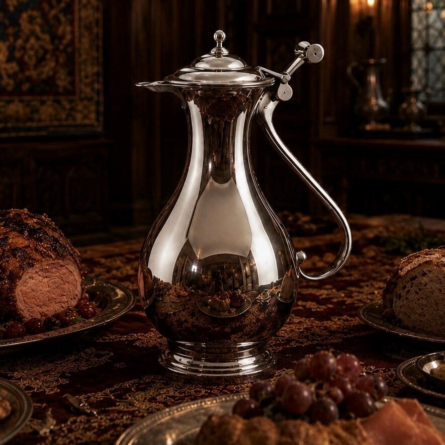 A highly polished pewter Holbein jug with a sweeping, elegant neck, a teardrop body, and an intricate mechanical thumbpiece lever on its hinged lid