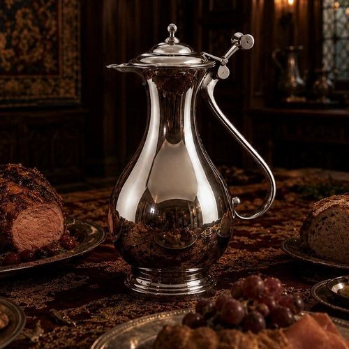 A highly polished pewter Holbein jug with a sweeping, elegant neck, a teardrop body, and an intricate mechanical thumbpiece lever on its hinged lid