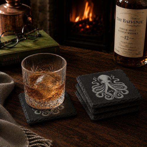 Octopus Coasters with a glass of Whisky on top. Placed on a table
