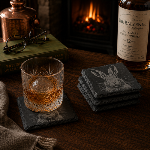 Slate Hare coasters in a set of 4 on a table with a whisky tumbler on top