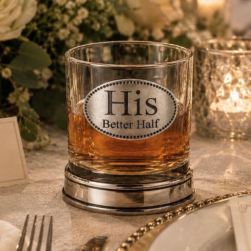 Whisky tumbler with pewter "His Better Half" badge and polished base, partially filled with amber liquid