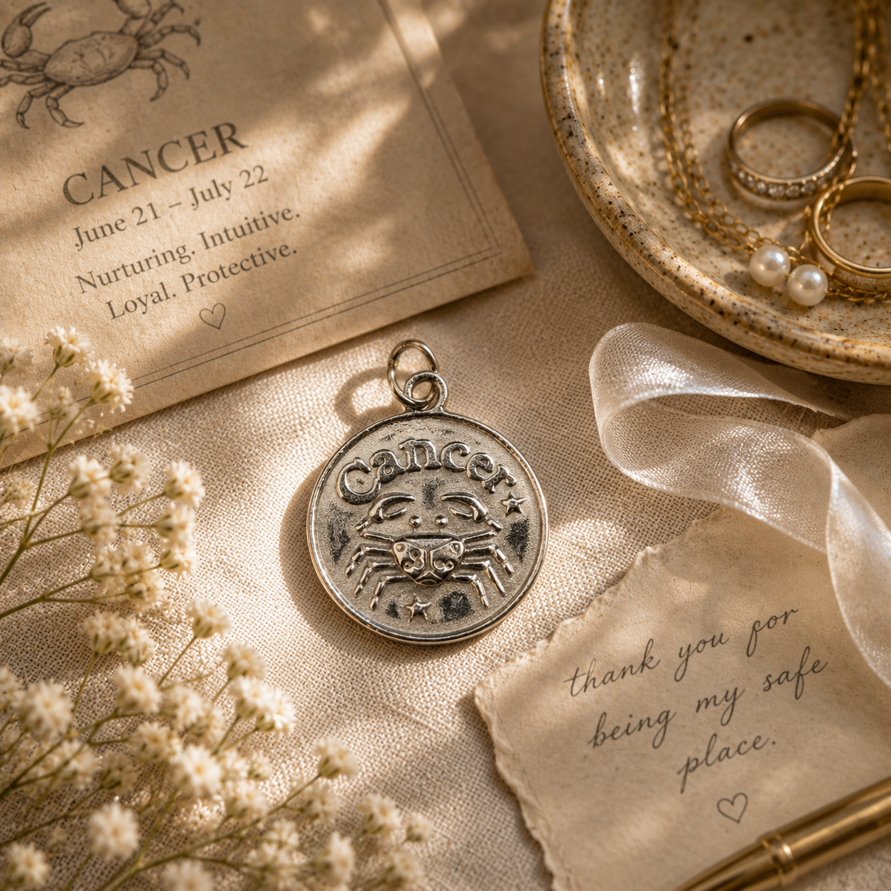 A pewter Cancer charm on a desk