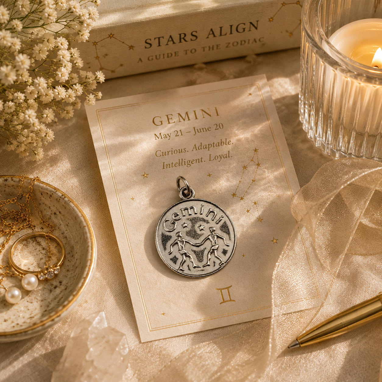 A pewter Gemini Charm on a table