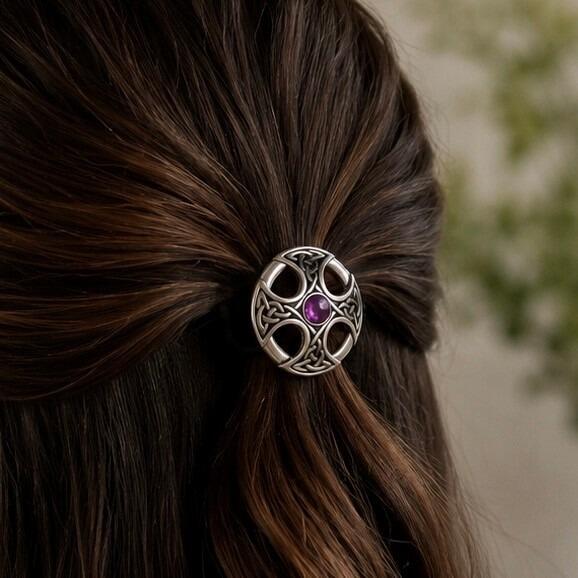 Circular pewter Celtic knotwork hair bobble featuring a vibrant round purple faux-amethyst stone in the center