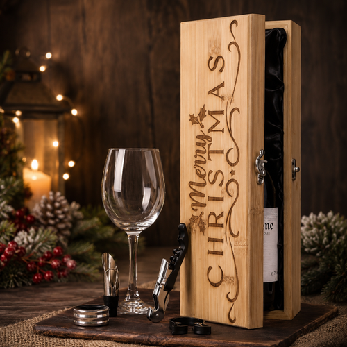 Personalised Christmas wine gift set in a wooden presentation box with engraved Merry Christmas design, wine bottle, glass and wine accessories displayed in a festive holiday setting.