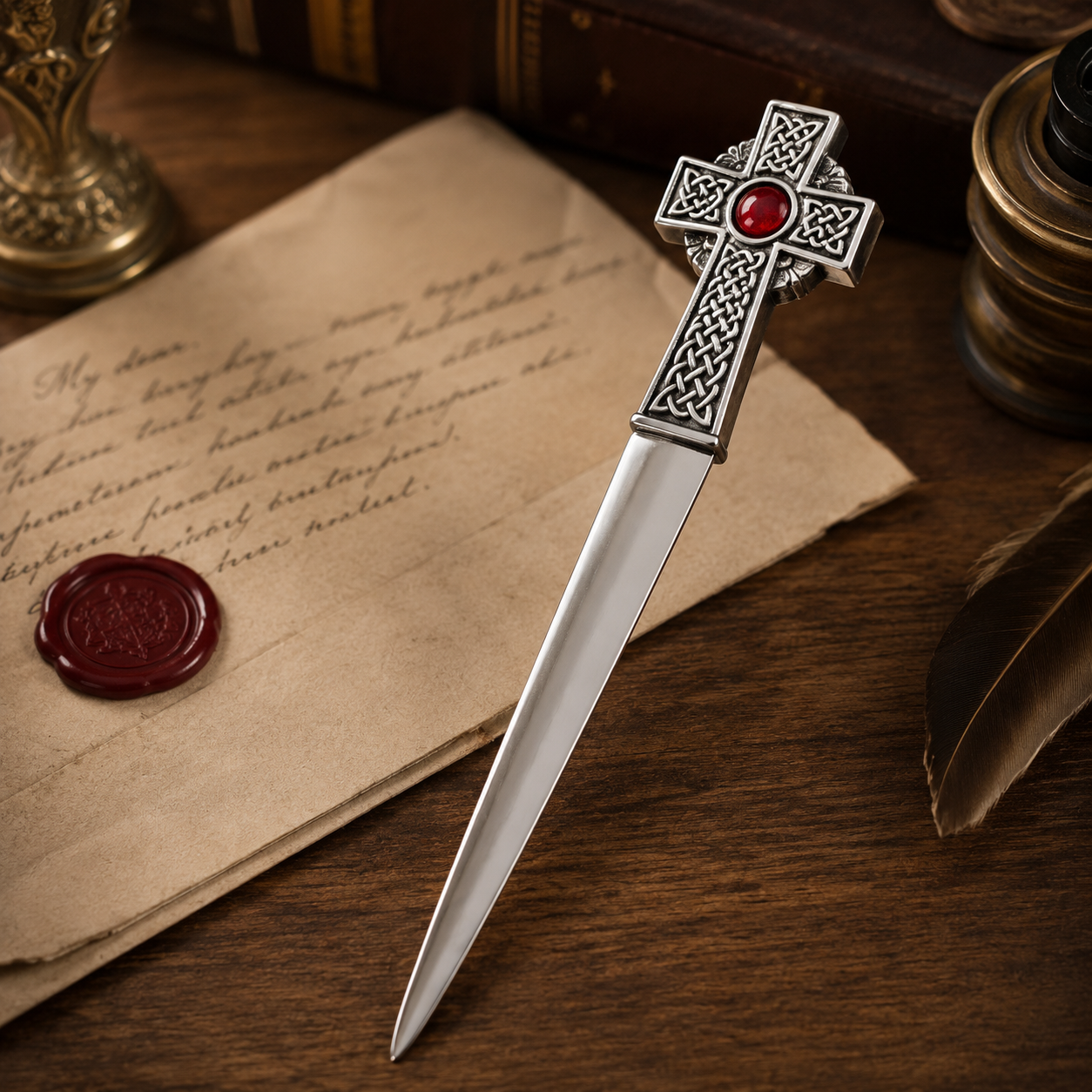 Handcrafted pewter Celtic Cross letter opener featuring detailed Celtic knotwork and red cabochon centre, luxury Celtic desk accessory displayed with antique correspondence and vintage writing accessories, ideal gift for Celtic history and heritage lovers.