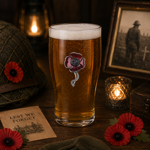 Handcrafted pewter Lest We Forget poppy pint glass filled with golden beer, displayed in a remembrance-themed setting with red poppies, military memorabilia, candlelight and vintage wartime décor.