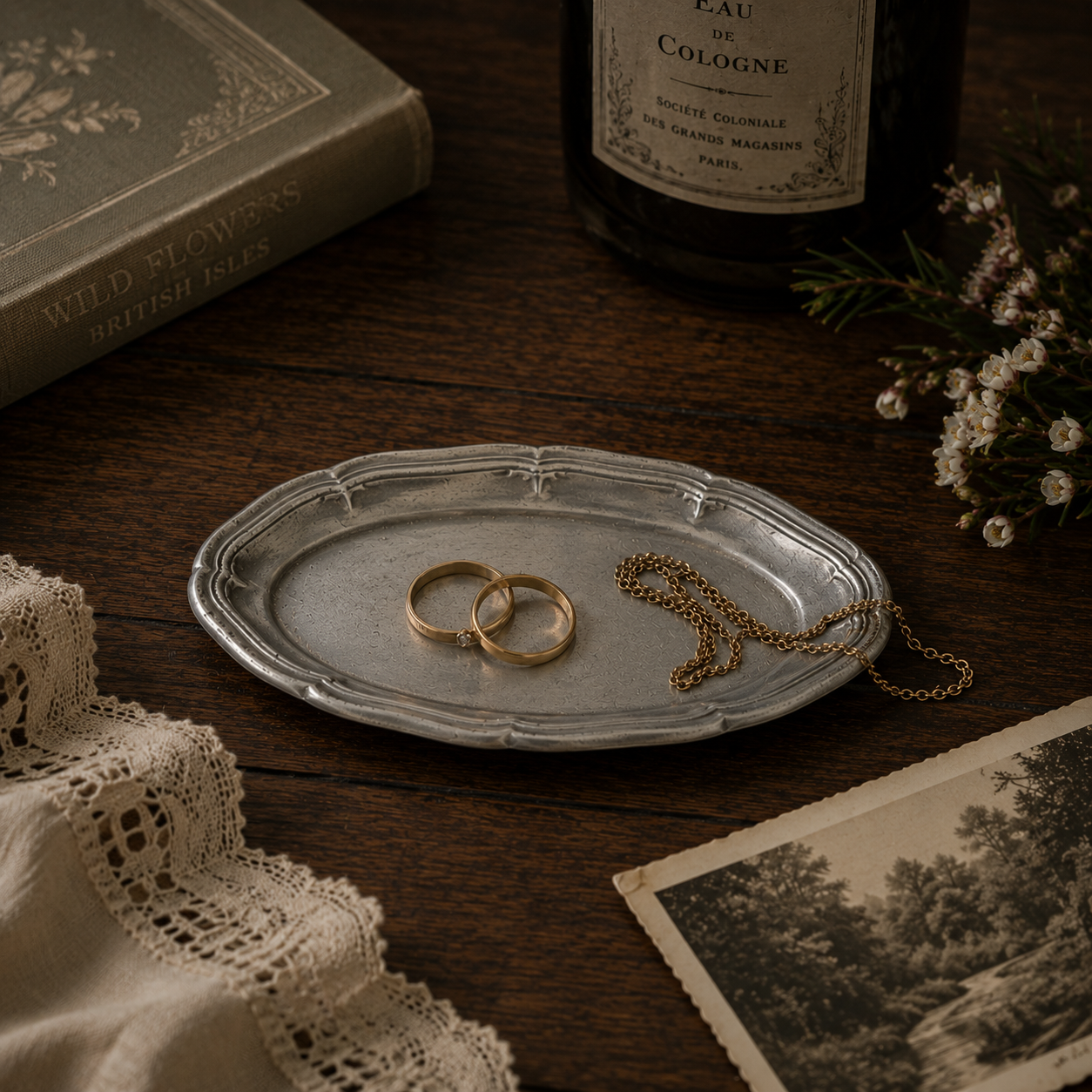Handcrafted pewter scalloped winkle dish in antique satin finish displaying gold rings and a delicate chain on a rustic wooden table with vintage books, lace fabric and floral accents in warm ambient light