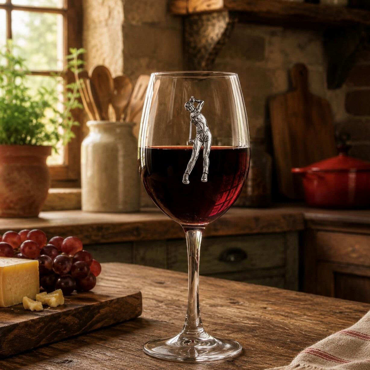 A tall, stemmed wine glass filled with deep red wine, resting on a rustic wooden table in a cozy kitchen setting. The front of the glass bowl is adorned with a detailed pewter relief emblem of a golfer captured mid-swing at the peak of their follow-through