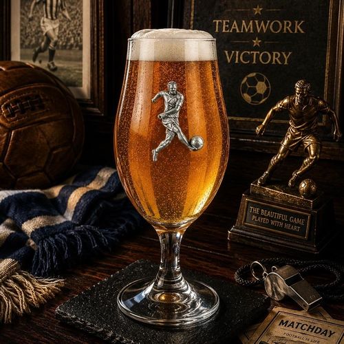 A stemmed beer chalice glass filled with golden ale and a frothy white head, featuring a raised pewter emblem of a football player mid-kick with a ball