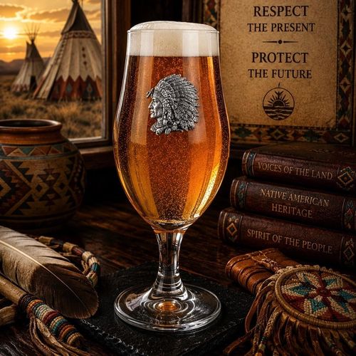 A stemmed beer chalice glass filled with golden ale and a frothy white head, featuring a raised pewter emblem of a Native American chief profile in a detailed feather headdress