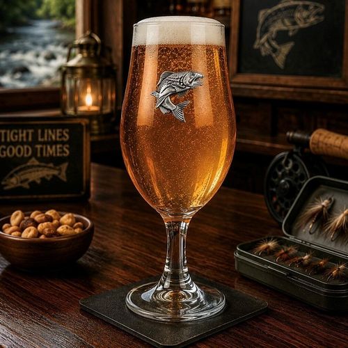 A stemmed beer chalice glass filled with golden ale and a frothy white head, featuring a raised pewter emblem of a leaping salmon fish