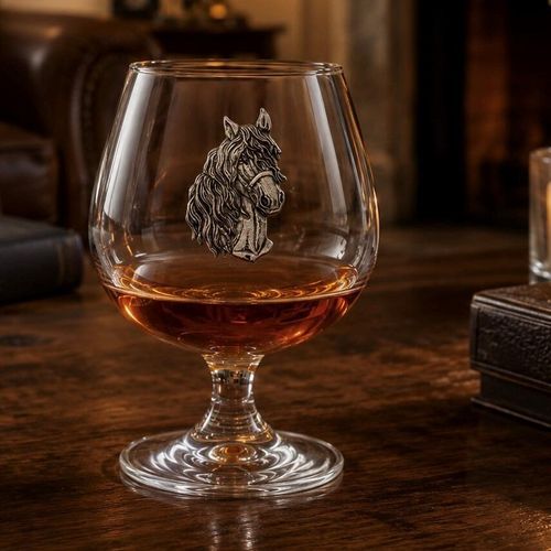 A short-stemmed clear glass brandy snifter filled with amber brandy, resting on a rustic wooden table. The front of the glass bowl is adorned with a detailed pewter relief emblem showing the head of a horse with a long, flowing mane and a bridle