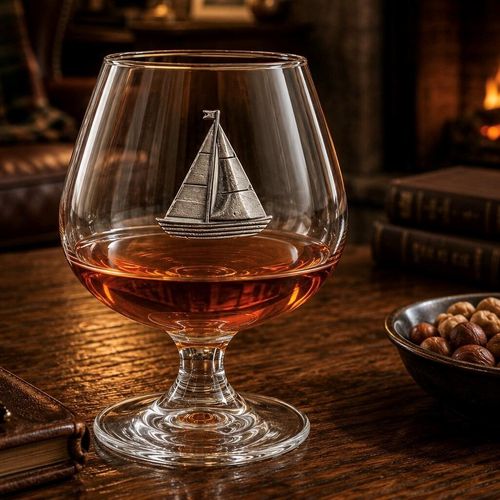 A short-stemmed clear glass brandy snifter filled with amber brandy, resting on a rustic wooden table. The front of the glass bowl is adorned with a detailed pewter relief emblem showing a classic sailboat or yacht with its sails fully raised