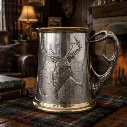 A traditional pewter hunting tankard featuring a detailed embossed relief of a majestic Highland stag with large antlers against a mountain backdrop. The tankard is accented with polished brass rims at the top and base, and features a unique handle sculpted in the shape of a textured deer antler