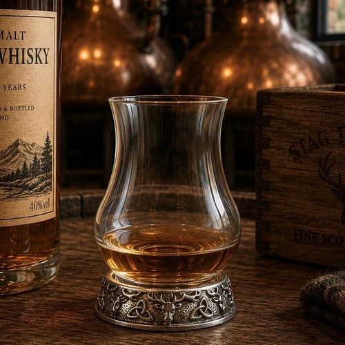 A tulip-shaped whiskey taster glass with an amber pour, resting in a detailed pewter base featuring embossed stag heads and Celtic Trinity knots, set against a distillery background