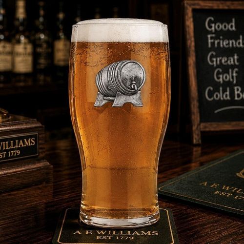 Pint glass with handmade pewter beer barrel
