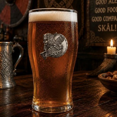 Pint glass with handmade pewter Viking warrior with horned helmet and chain mail badge filled with golden beer