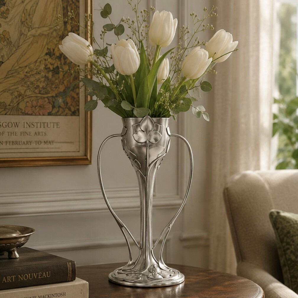 A polished pewter Art Nouveau vase with a bright, silver-coloured finish, displaying a bouquet of delicate white flowers. The vase features a distinctive three-handled design with long, slender open loops that arch gracefully from the bulbous, floral-embossed rim down to the flared, organic base