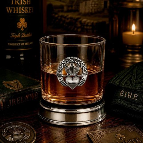 Whisky tumbler with pewter Claddagh motif featuring crown, heart and hands, with polished base, partially filled with amber liquid